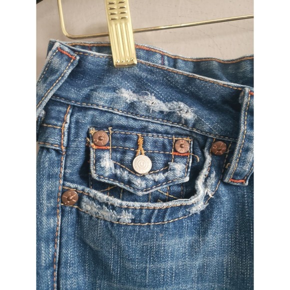 True Religion Jeans Women’s 27 Blue  Bell Bottom Distressed 100% Cotton - Picture 3 of 10